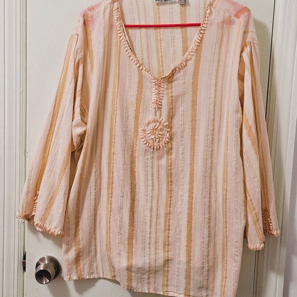 Erica Brooke Coral Beaded Medallion Striped Long Sleeve Top Size 26 - Picture 2 of 13